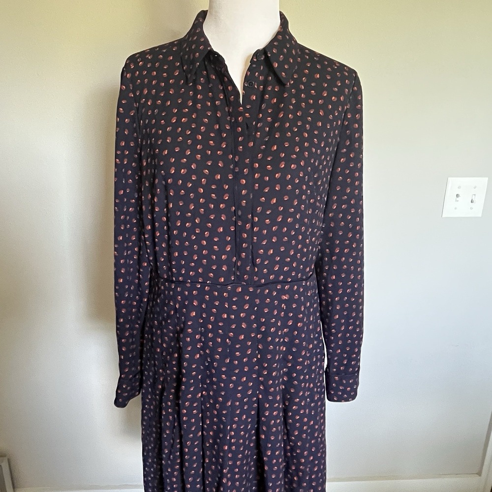 Ann Taylor Midi Shirt Dress Womens Size 12 Navy Floral Kiss Modest Career Office